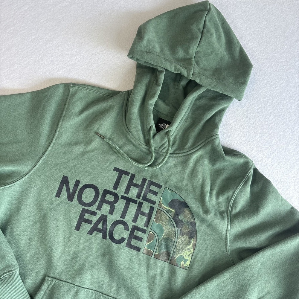 The North Face Hoodie Sweatshirt Mens Small Green Pullover Fleece Camo Logo